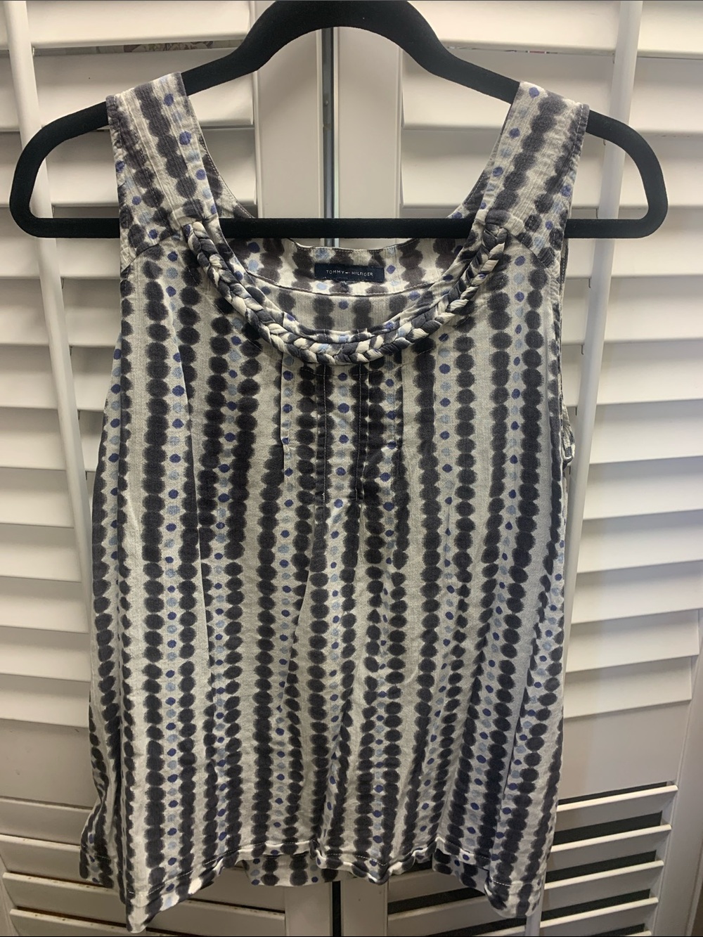 Tommy Hilfiger Braided-Neckline Tank Top in Black, Gray & White with Blue Dots